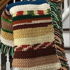 HANDMADE Crochet Striped Afghan Throw Blanket White Mustard Green Blue Orange